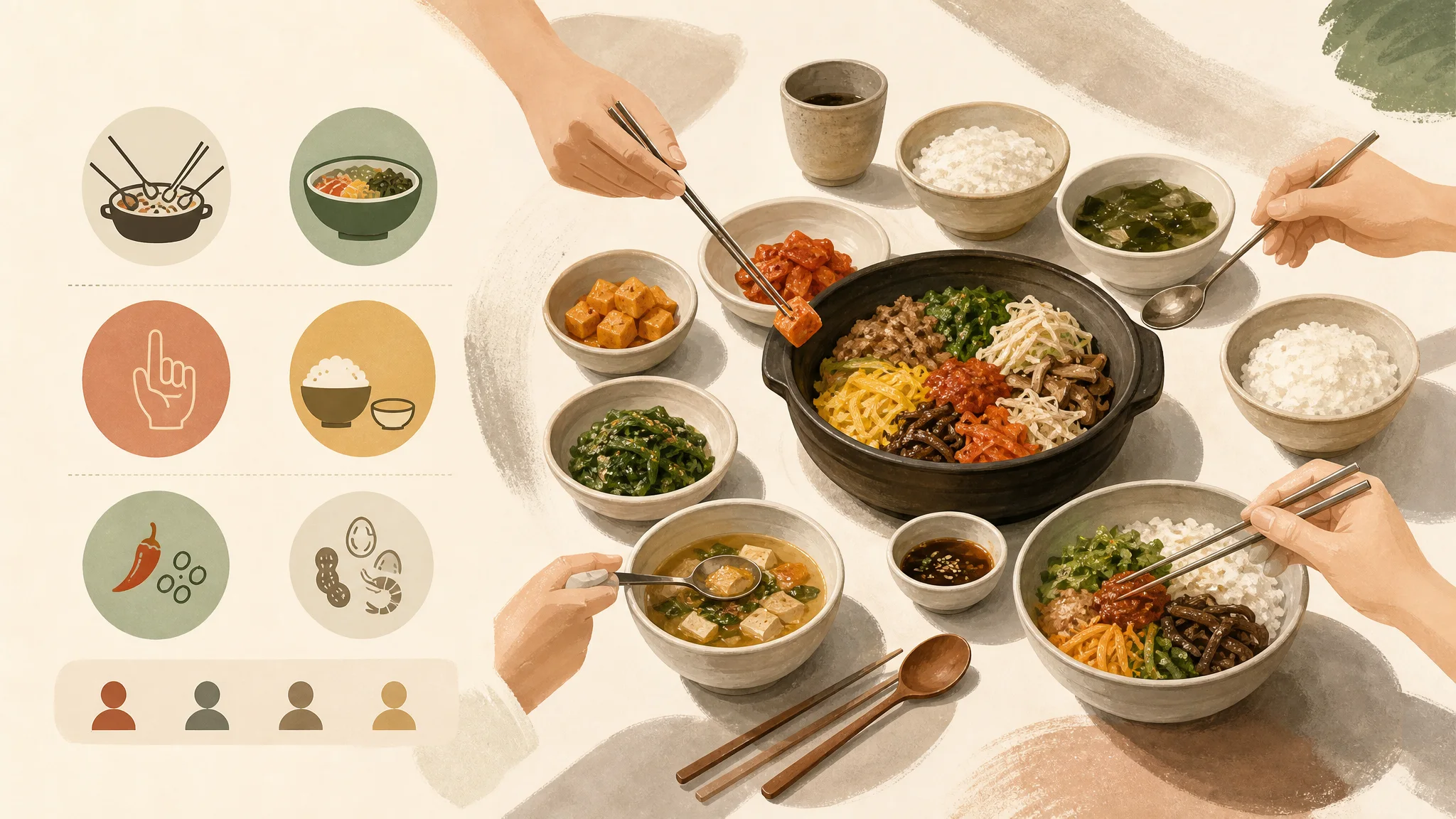 同じ皿で別の食事を作る — 韓国の参加型食文化 実践ガイド — AIで制作した説明用の編集イラスト