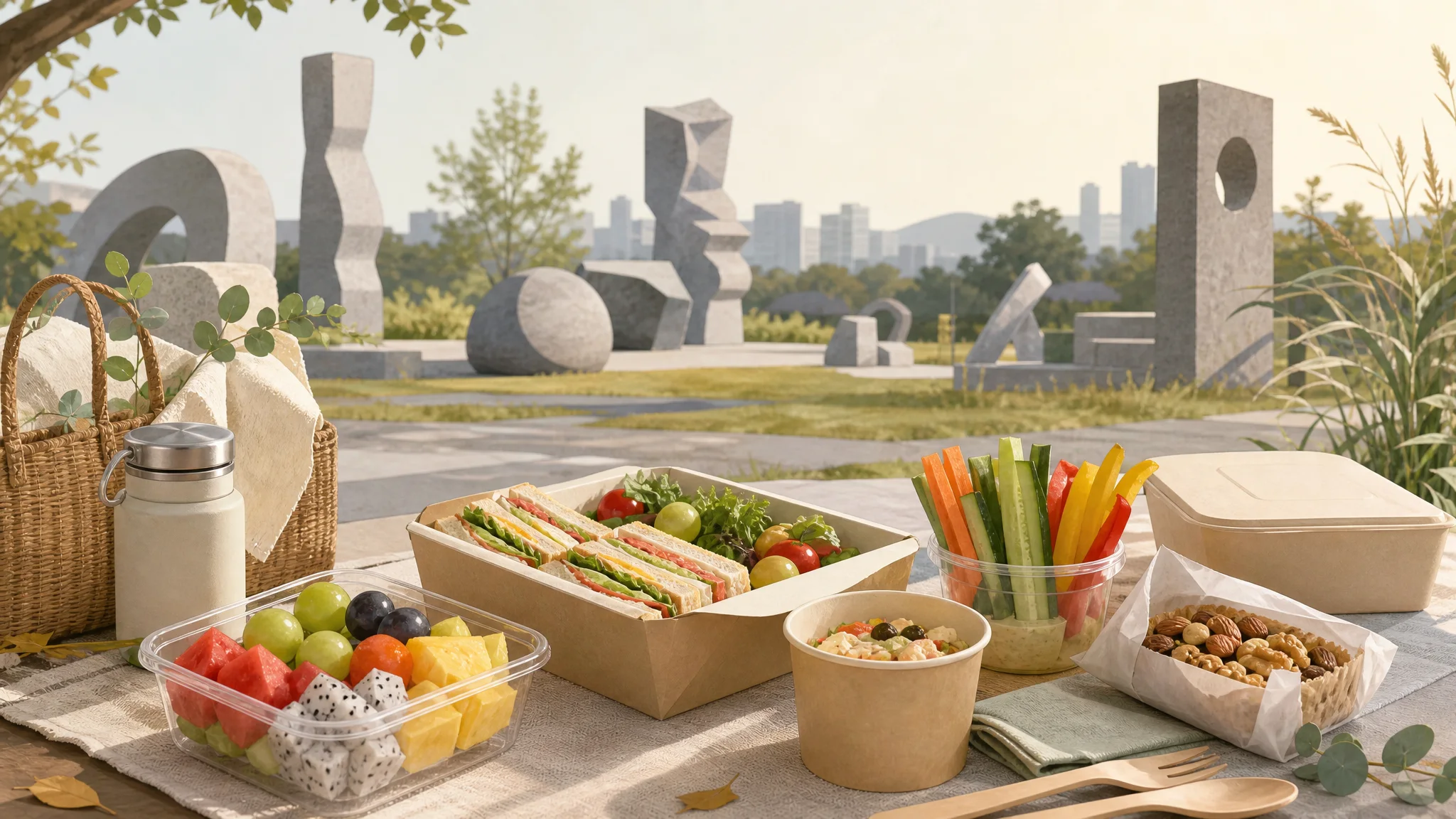Seoul Sculpture Festival (outdoor) — Decide quickly what to eat between sculptures — AI-generated editorial illustration