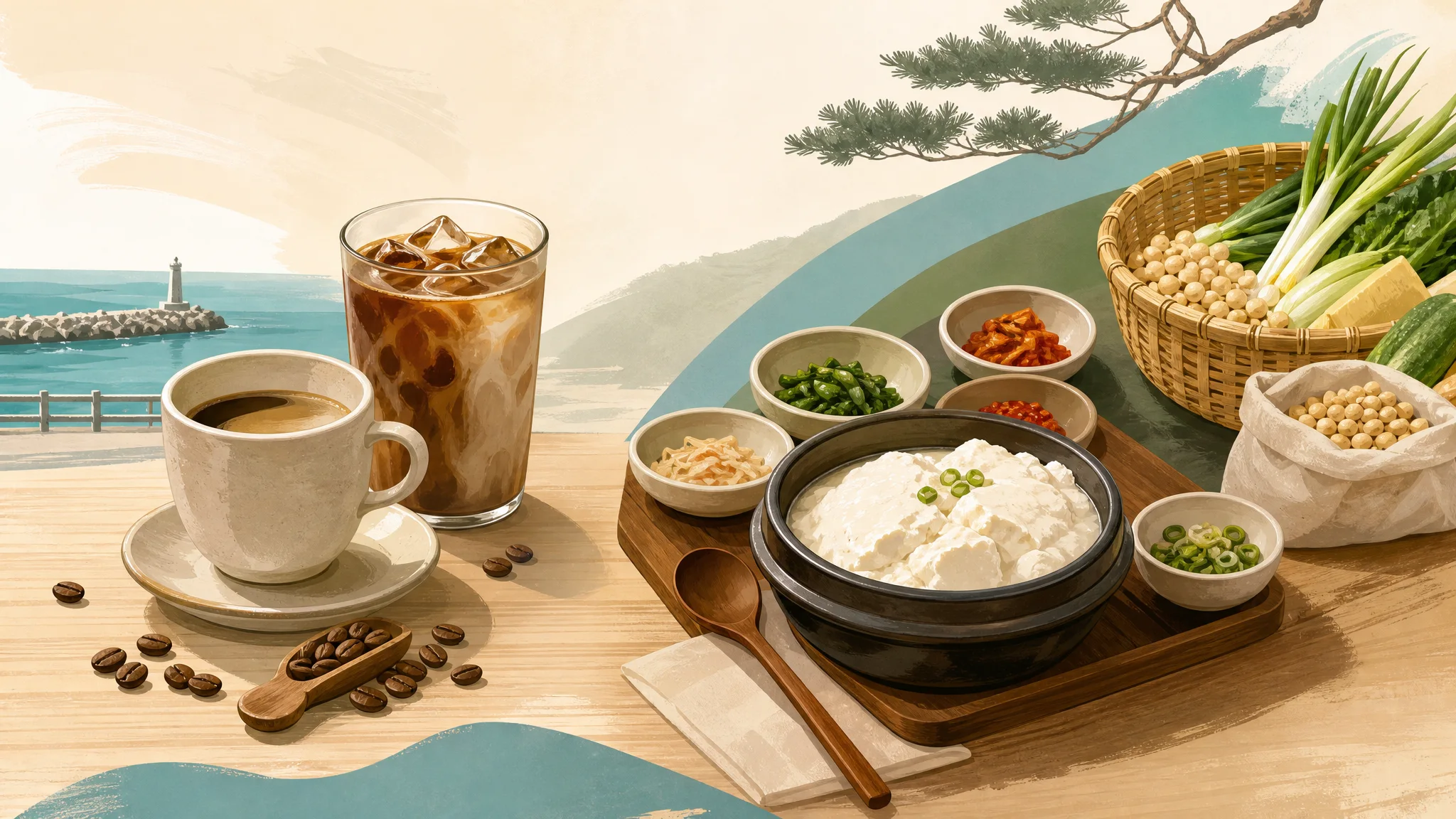 江陵：安木咖啡街·初唐（초당）嫩豆腐·市场 — 吃什么指南 — AI生成的说明性编辑插图