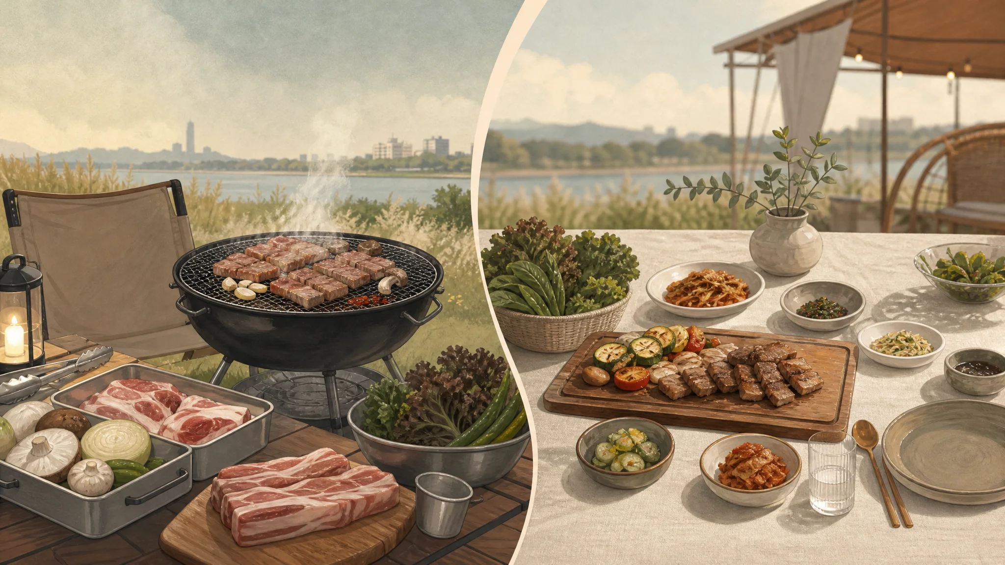 2026 首尔烧烤节（난지营地）：自助烤肉 vs 烧烤村 — 吃什么、如何准备 — AI生成的说明性编辑插图