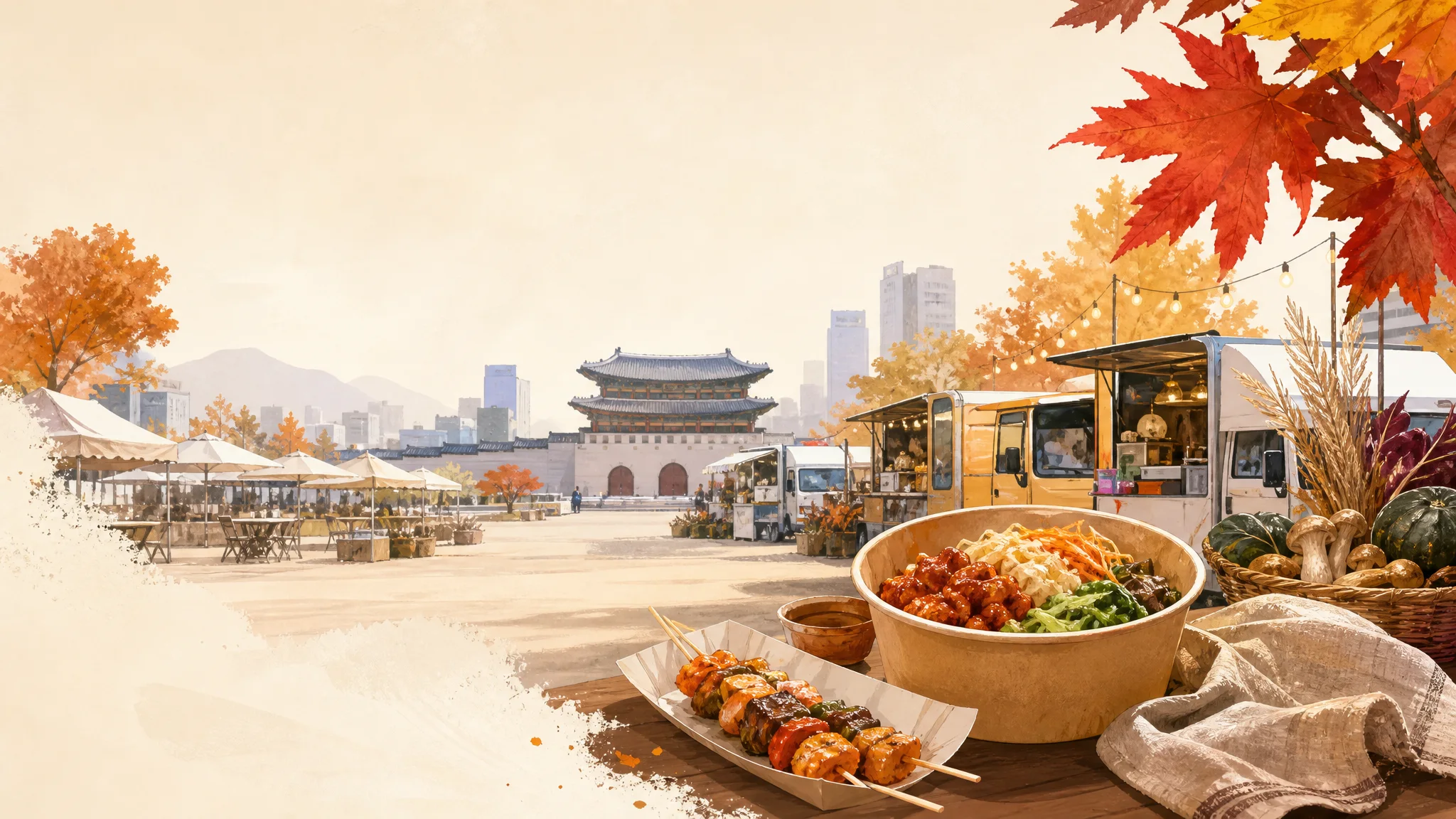 Gwanghwamun Fall Market and GukseokGukseok Live — Food Truck Guide — AI-generated editorial illustration