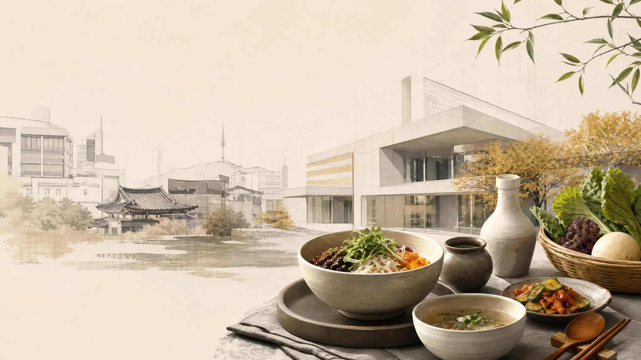 首爾建築文化節（Assembling Seoul）觀展前後用餐指南 — AI生成的說明性編輯插圖