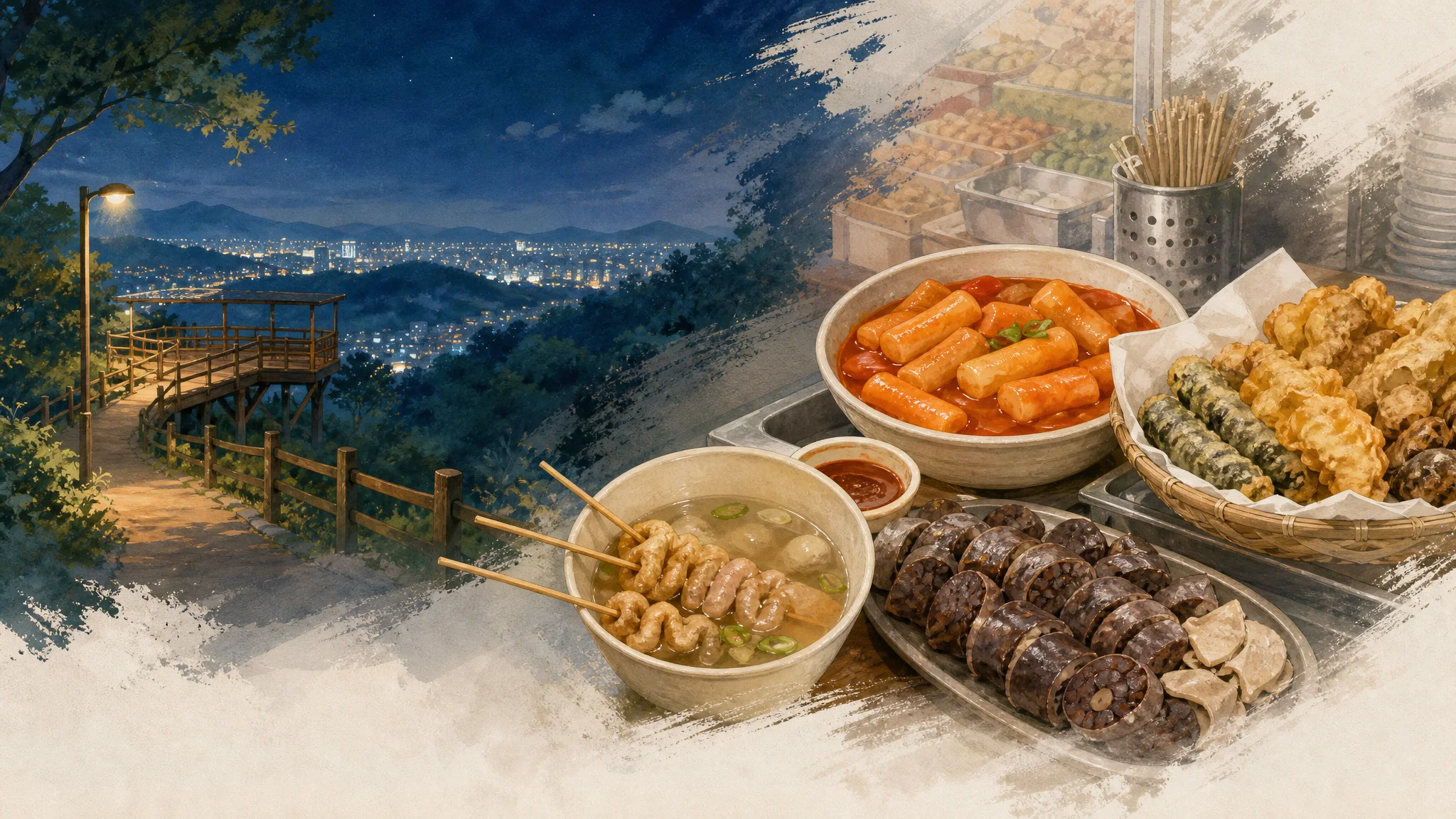 개운산天空展望台→돈암市場：步道散步後的實戰吃什麼、多少錢指南 — AI生成的說明性編輯插圖