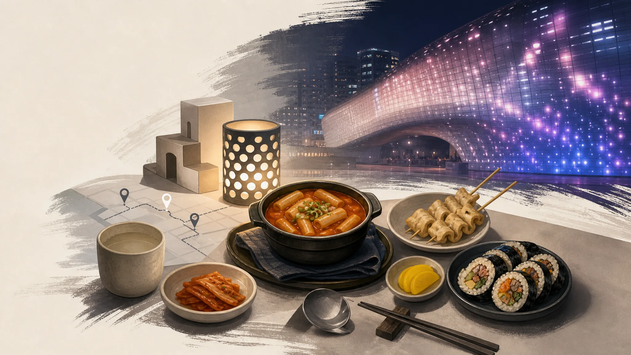 After DDP 365 Light: Dongdaemun Night Food Practical Guide — AI-generated editorial illustration