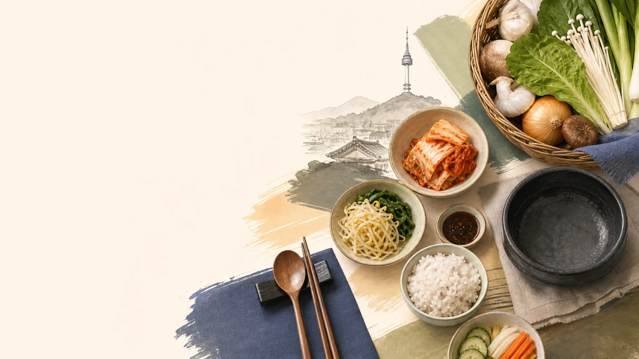 首爾吃什麼：預算、食材與點餐實戰指南 — AI生成的說明性編輯插圖