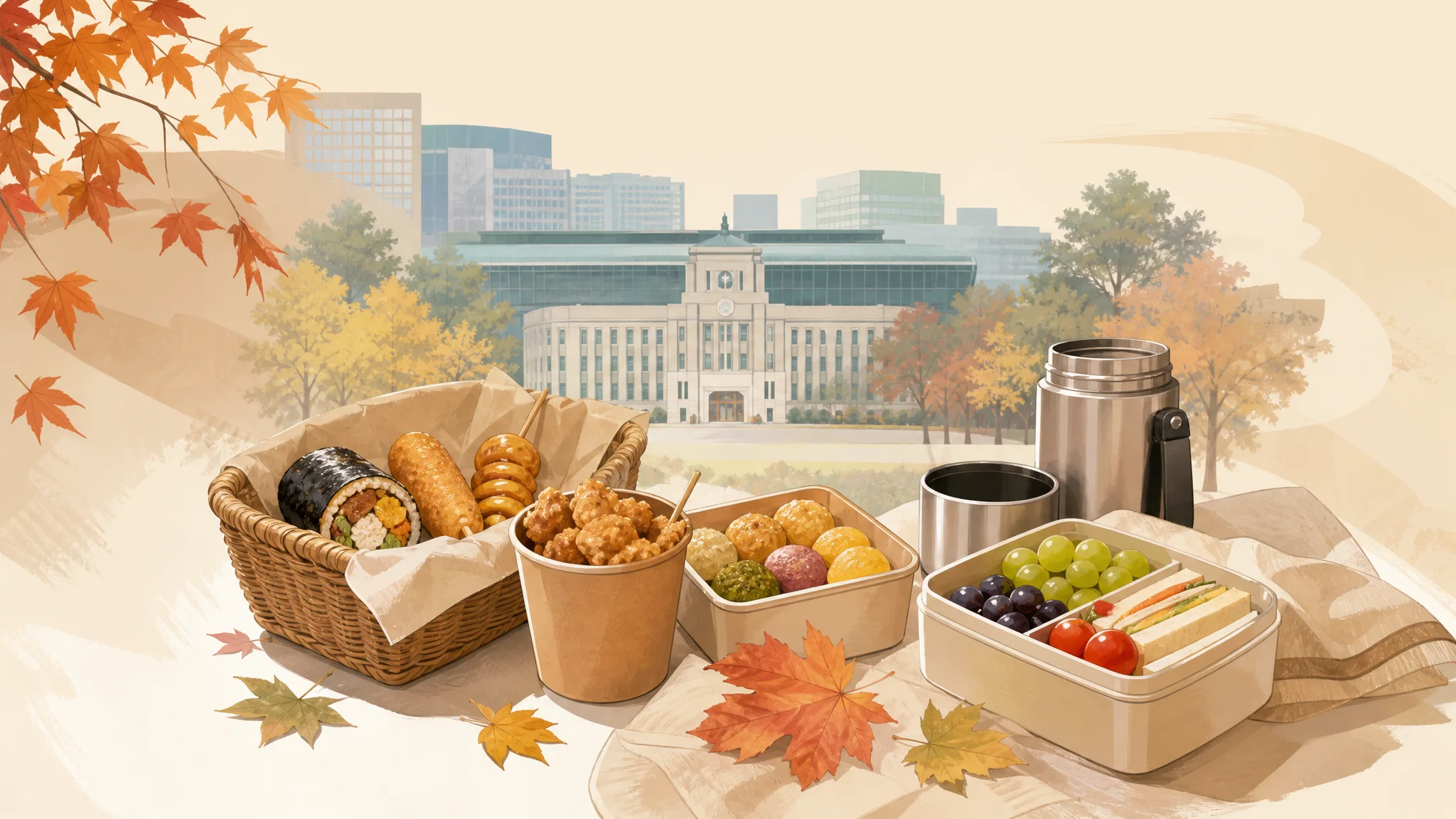 秋のピクニック：ソウルギャラリー（市庁）訪問向け 実践 食べ物ガイド — AIで制作した説明用の編集イラスト