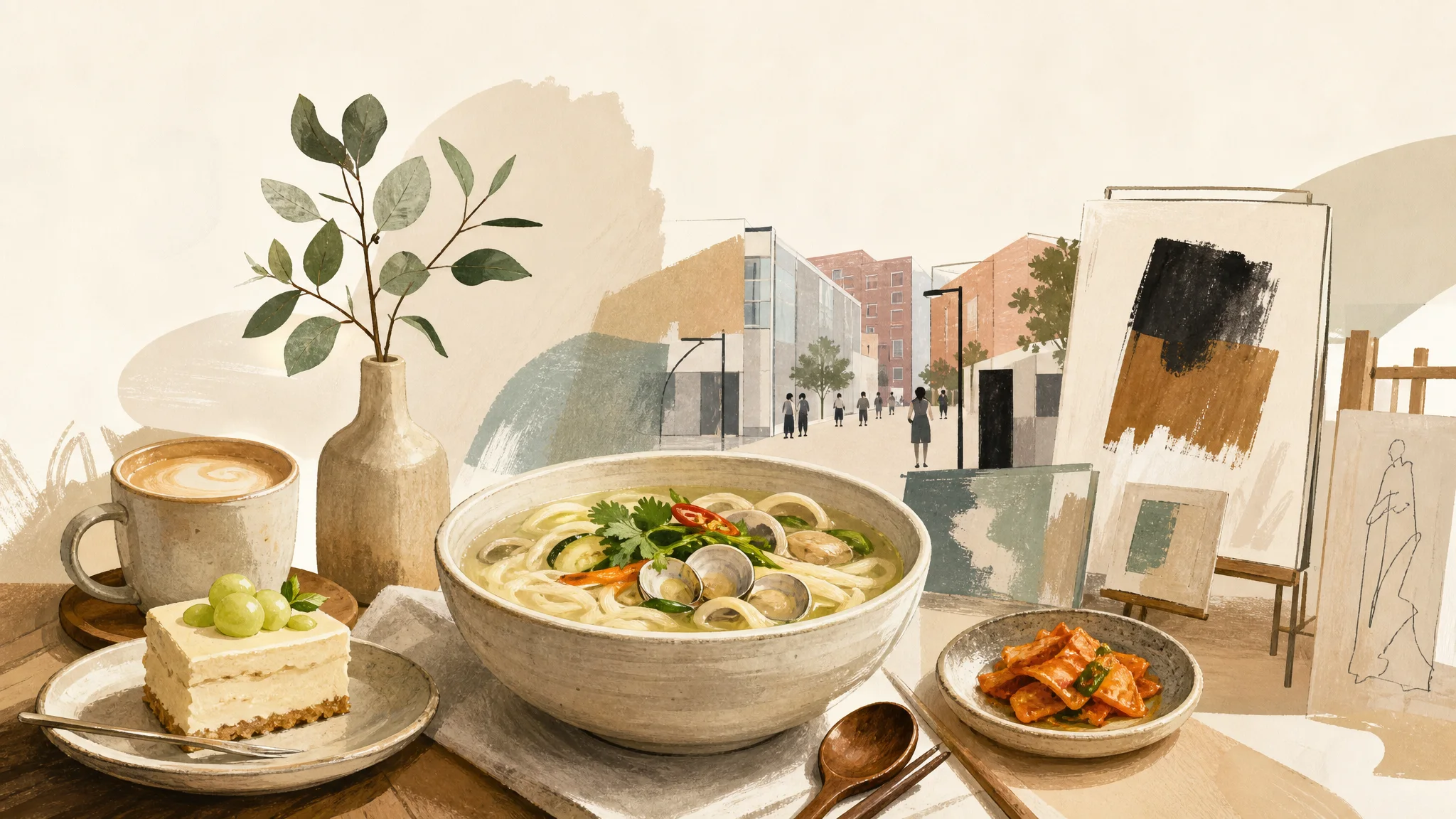 금천미술벨트(독산역) 관람 중 무엇을 먹을까 — 카페·디저트·칼국수 코스 가이드 — AI로 제작한 설명용 편집 이미지