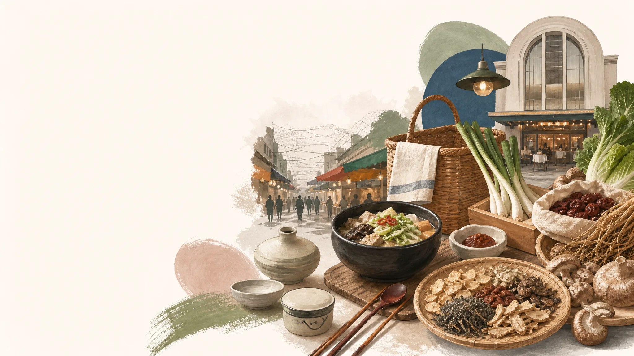 慶東市場出遊指南 — 從傳統市場購物到青年商場午餐與老戲院咖啡館 — AI生成的說明性編輯插圖