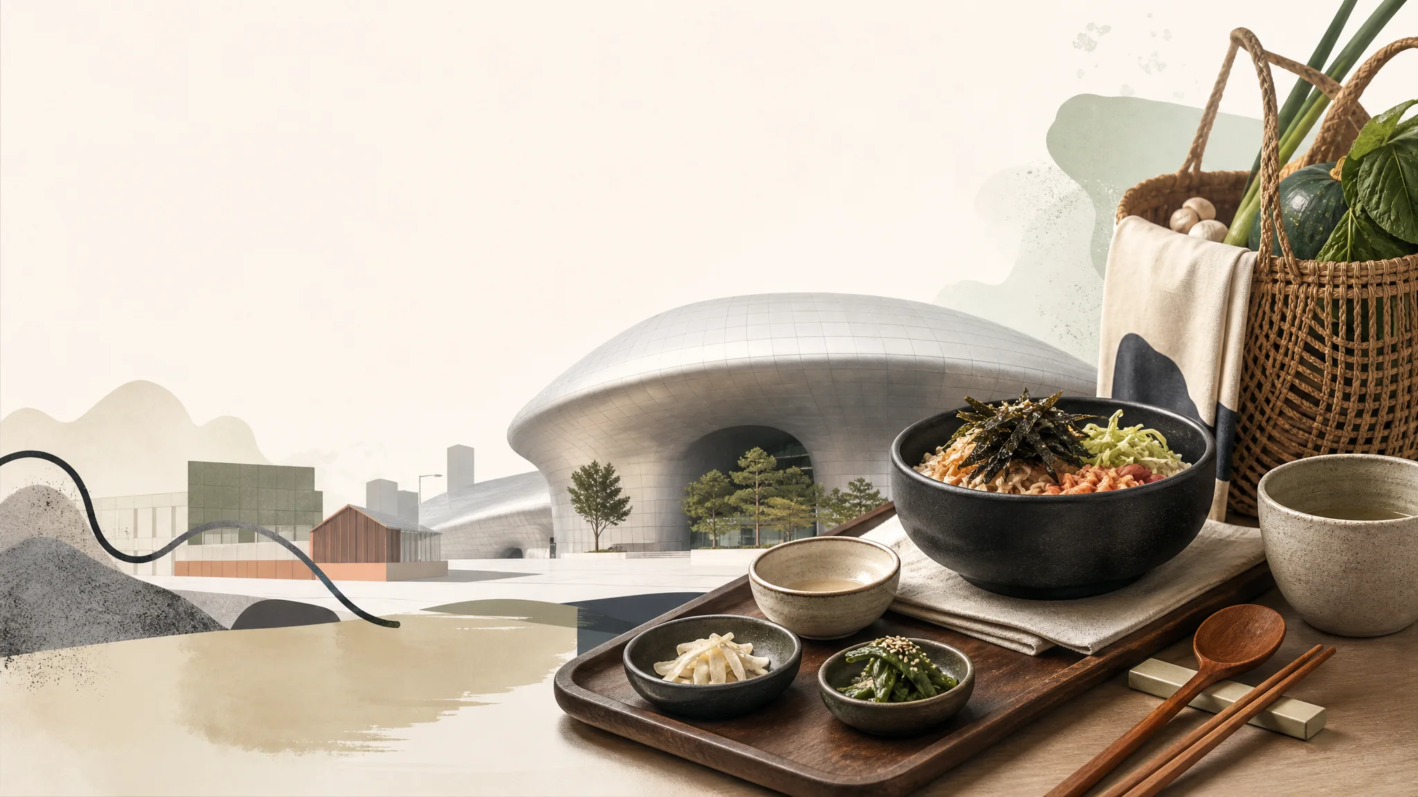 DDP에서 무엇을 먹고 살까 — 2026 서울디자인위크 실전 음식 가이드 — AI로 제작한 설명용 편집 이미지