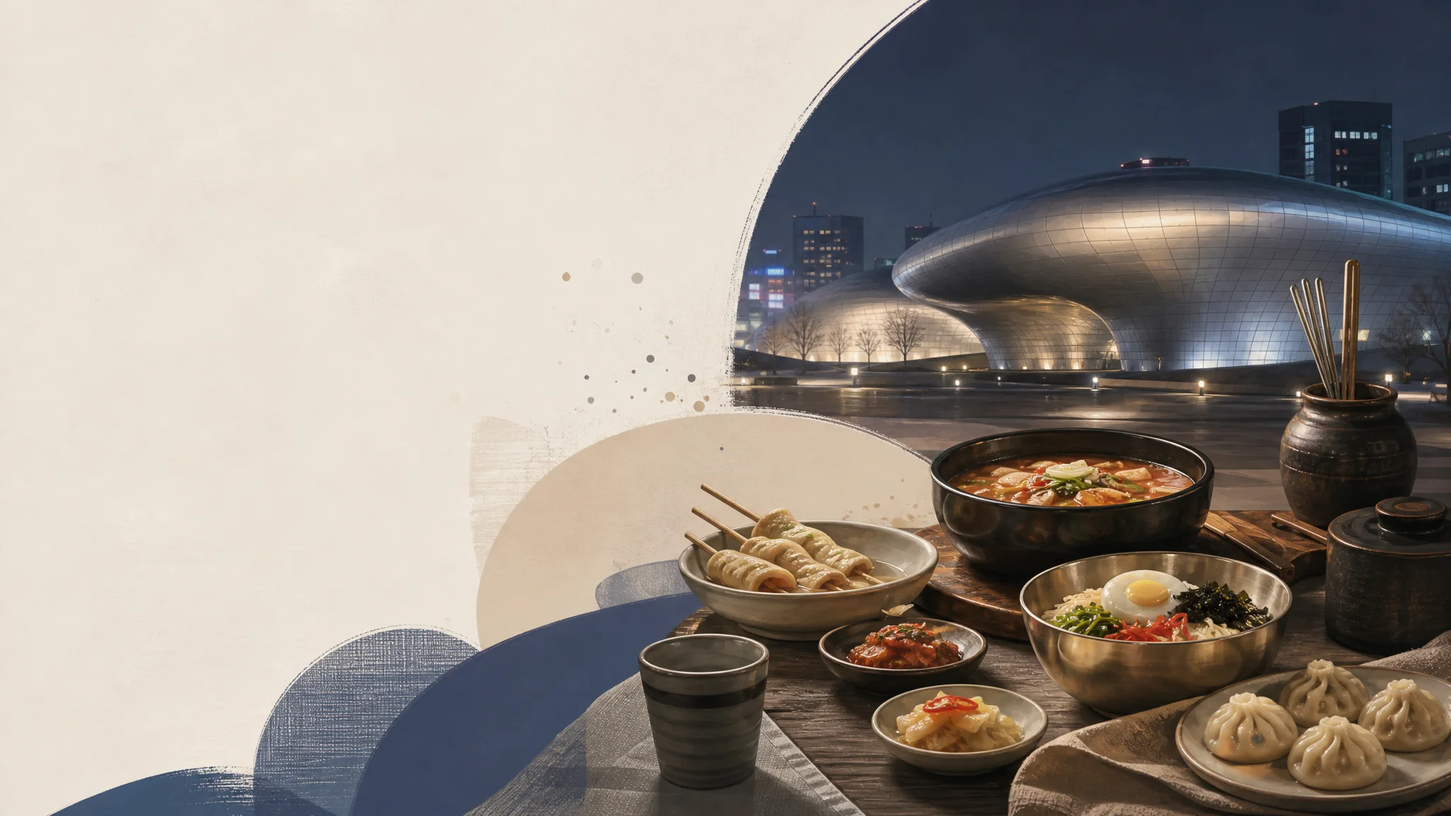 백남준·유영국 미디어아트 본 뒤—DDP 가을밤 동대문 맛집 투어 실전 가이드 — AI로 제작한 설명용 편집 이미지