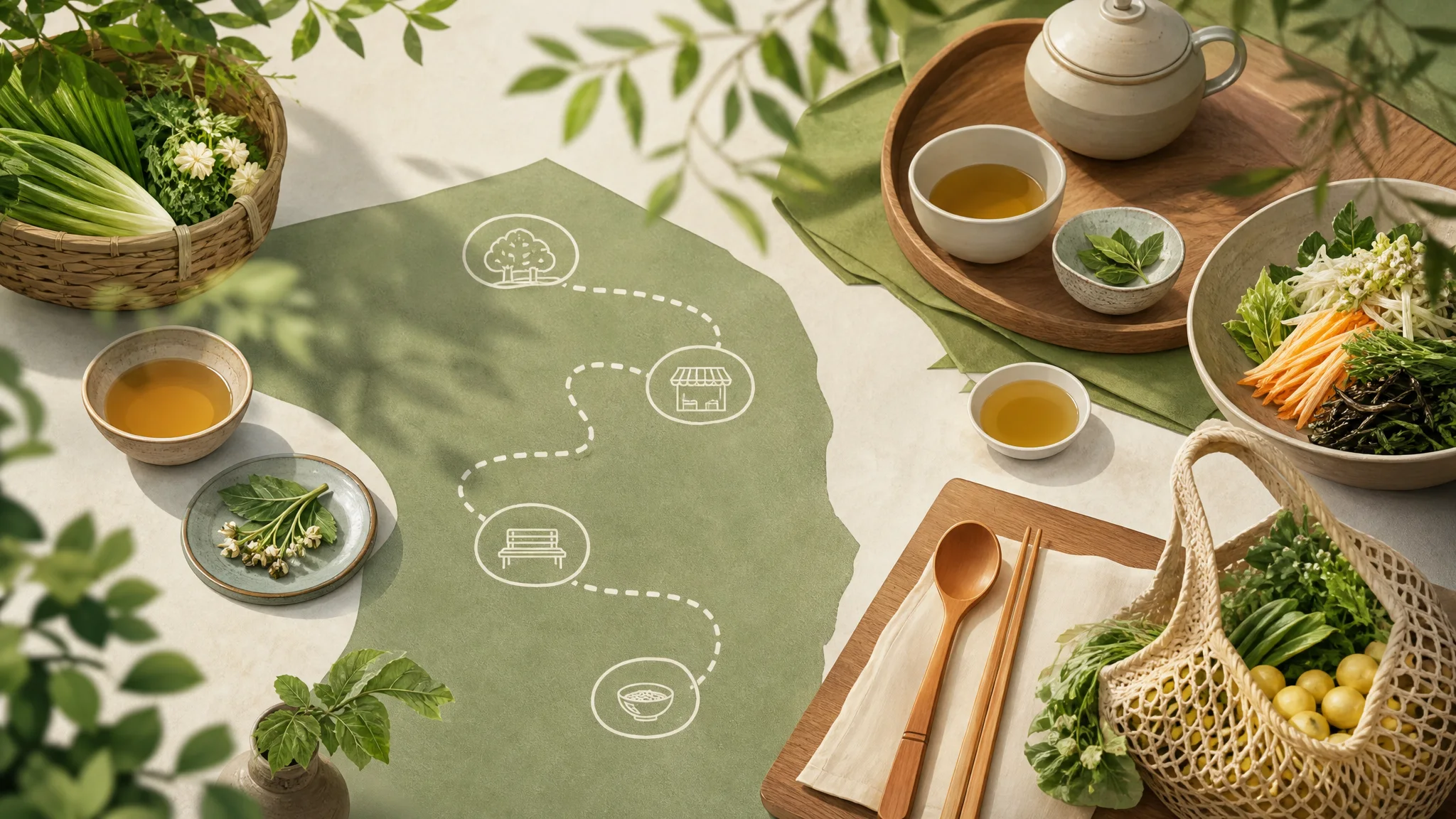 杨载路花园印章游 — 用5000韩元优惠券吃喝休息的实用指南 — AI生成的说明性编辑插图