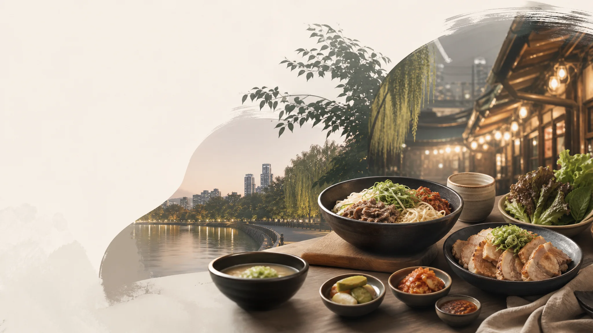 호수 밤 산책 후 맛집 탐방: 석촌호수→방이맛골 실전 먹방 코스 — AI로 제작한 설명용 편집 이미지