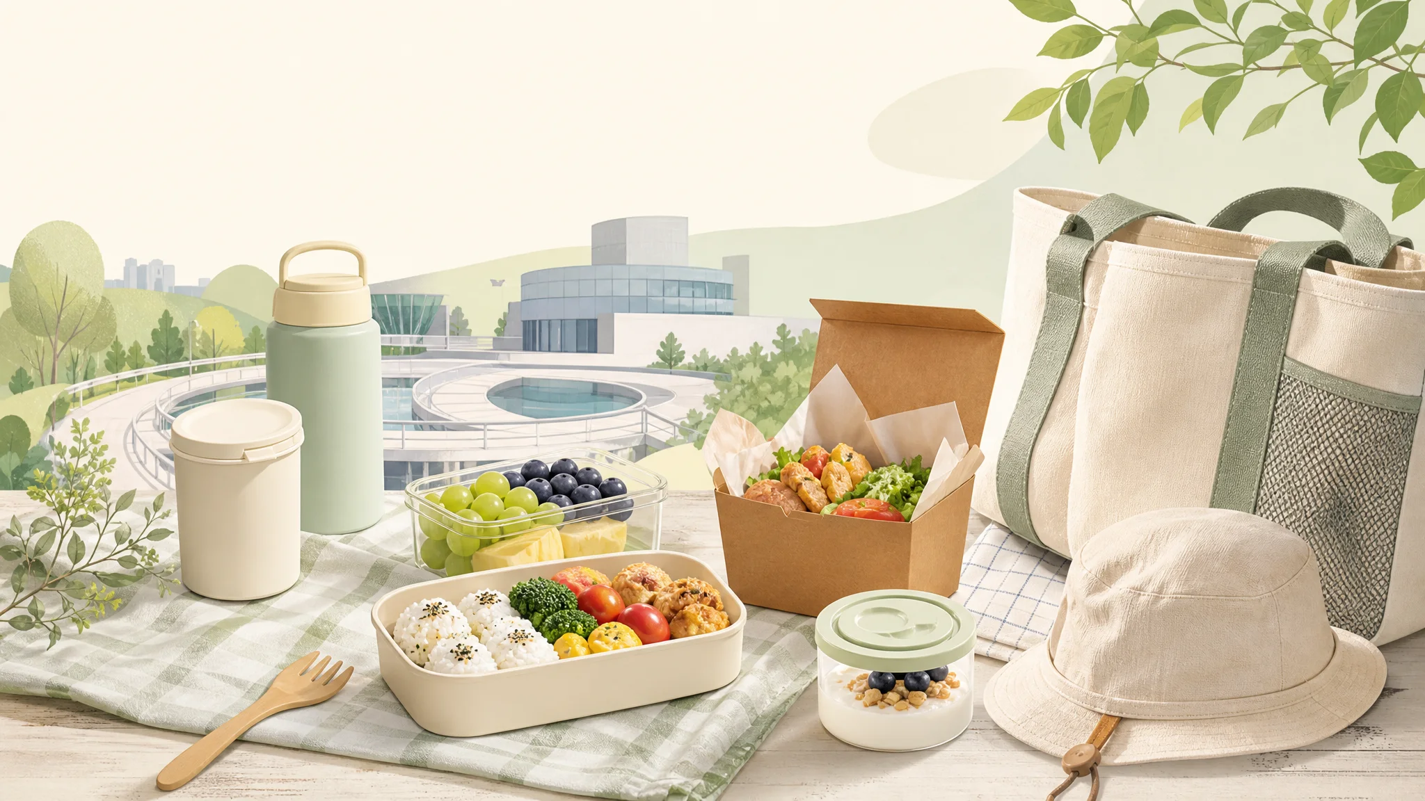 子どもと行くソウル水再生体験館で何を食べる？昼食・おやつ実践ガイド — AIで制作した説明用の編集イラスト